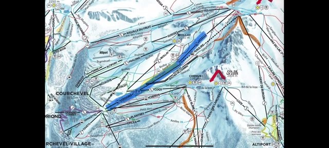 The run overlaid on the Courchevel piste map: Lac Creux to Pralong to Bellecote, top to bottom