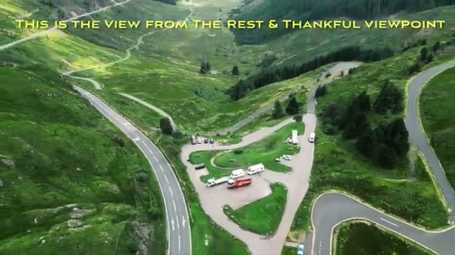 The view from the Rest and Thankful viewpoint, road winding through the valley