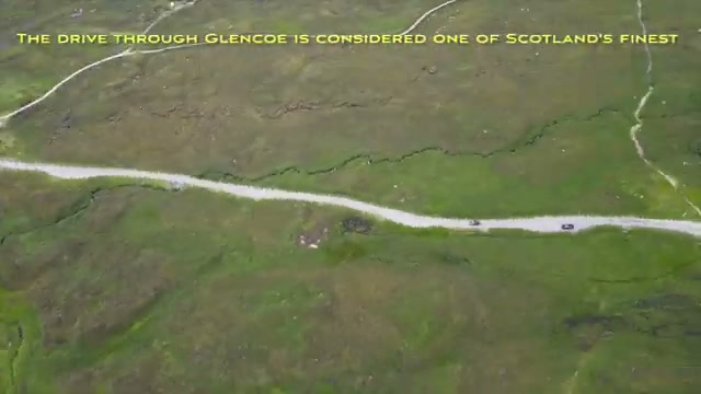 Aerial view of the road winding through Glencoe’s moorland