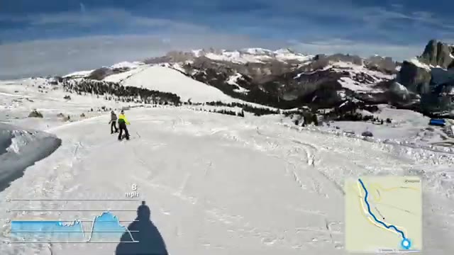 Cruising the wide groomed blue run, the GPS overlay tracing the route
