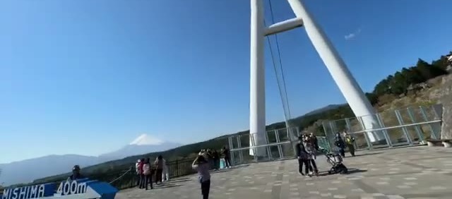 The Mishima Skywalk suspension bridge with Mt Fuji behind it