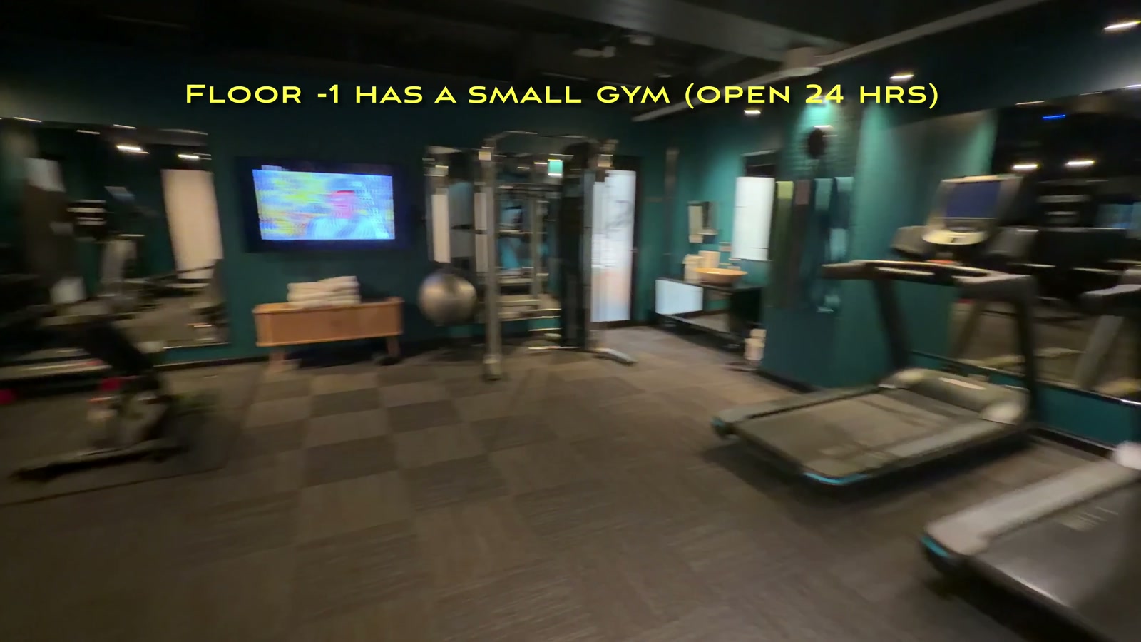 The 24-hour gym on floor -1, with treadmills and a cable machine