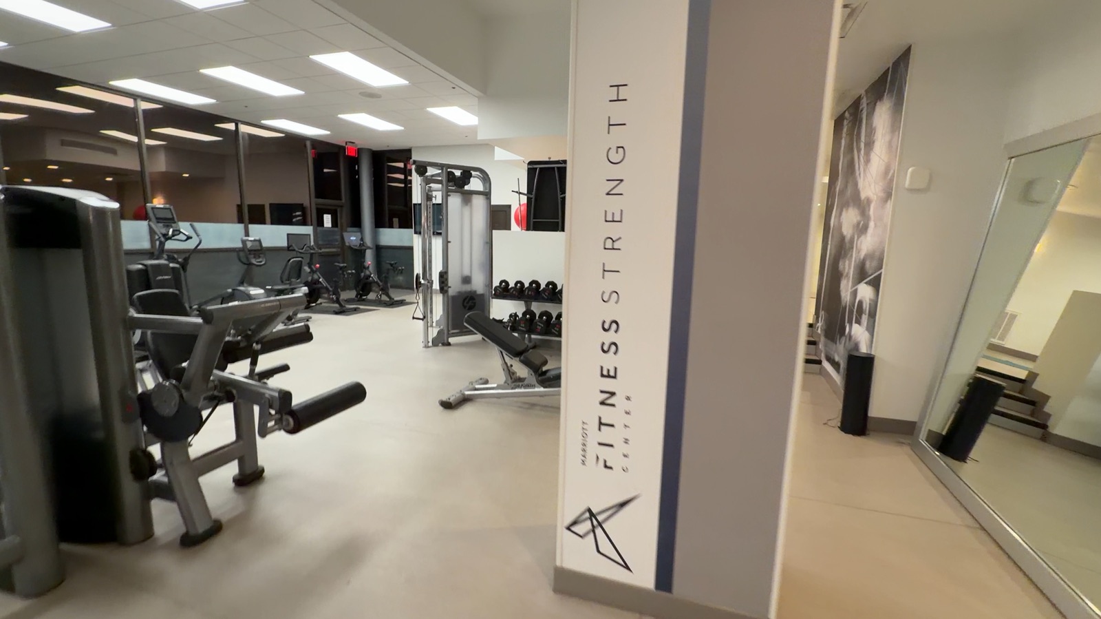 The Marriott Fitness Strength Center, with cable machine, benches, and free weights