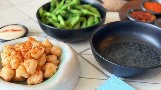 Popcorn shrimp and edamame