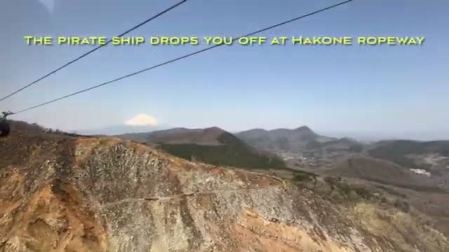 The Hakone Ropeway over Owakudani, with Mt. Fuji on the horizon