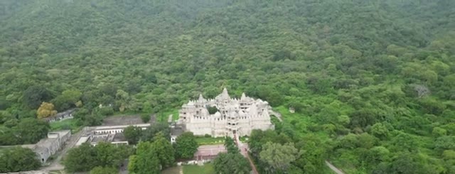 Aerial view of the Ranakpur Jain Temple set in dense Aravali forest
