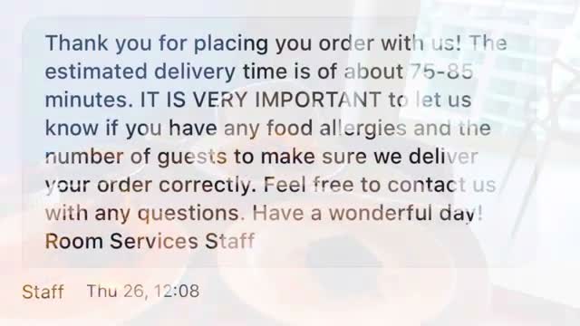 Room service: limited menu, 75–85 minute quoted delivery