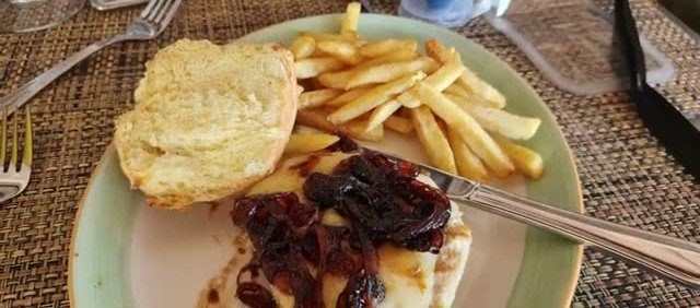 Turkey burger with fries at lunch