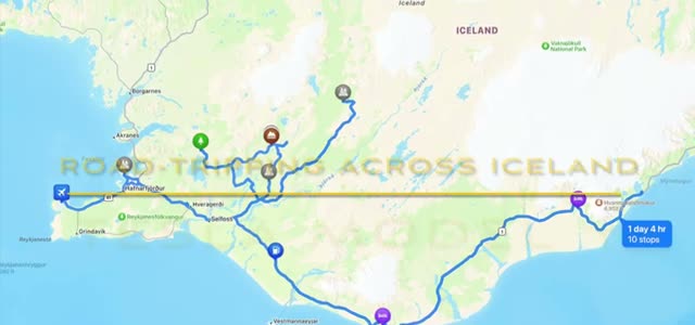 Route map of the road trip across Iceland’s south coast — about 1 day 4 hours of driving, 10 stops